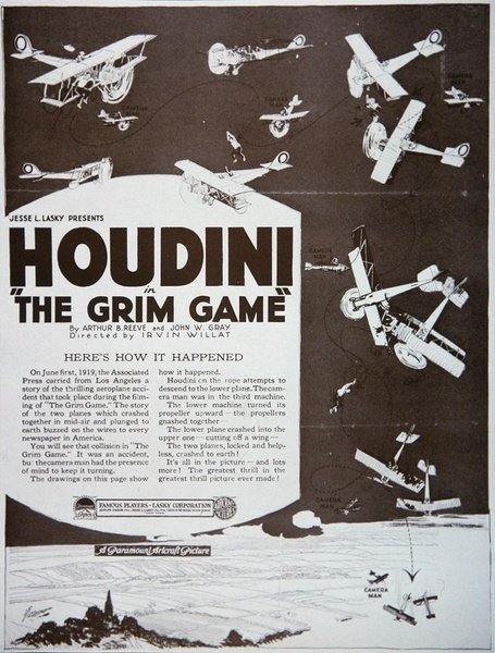 Plakatreklame for «The Grim Game» med Houdini i hovedrollen av American School