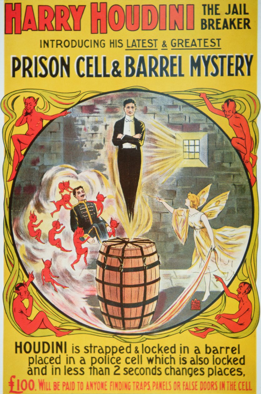 Plakat som reklamerer for en ny handling av Houdini (farge litho) av American School