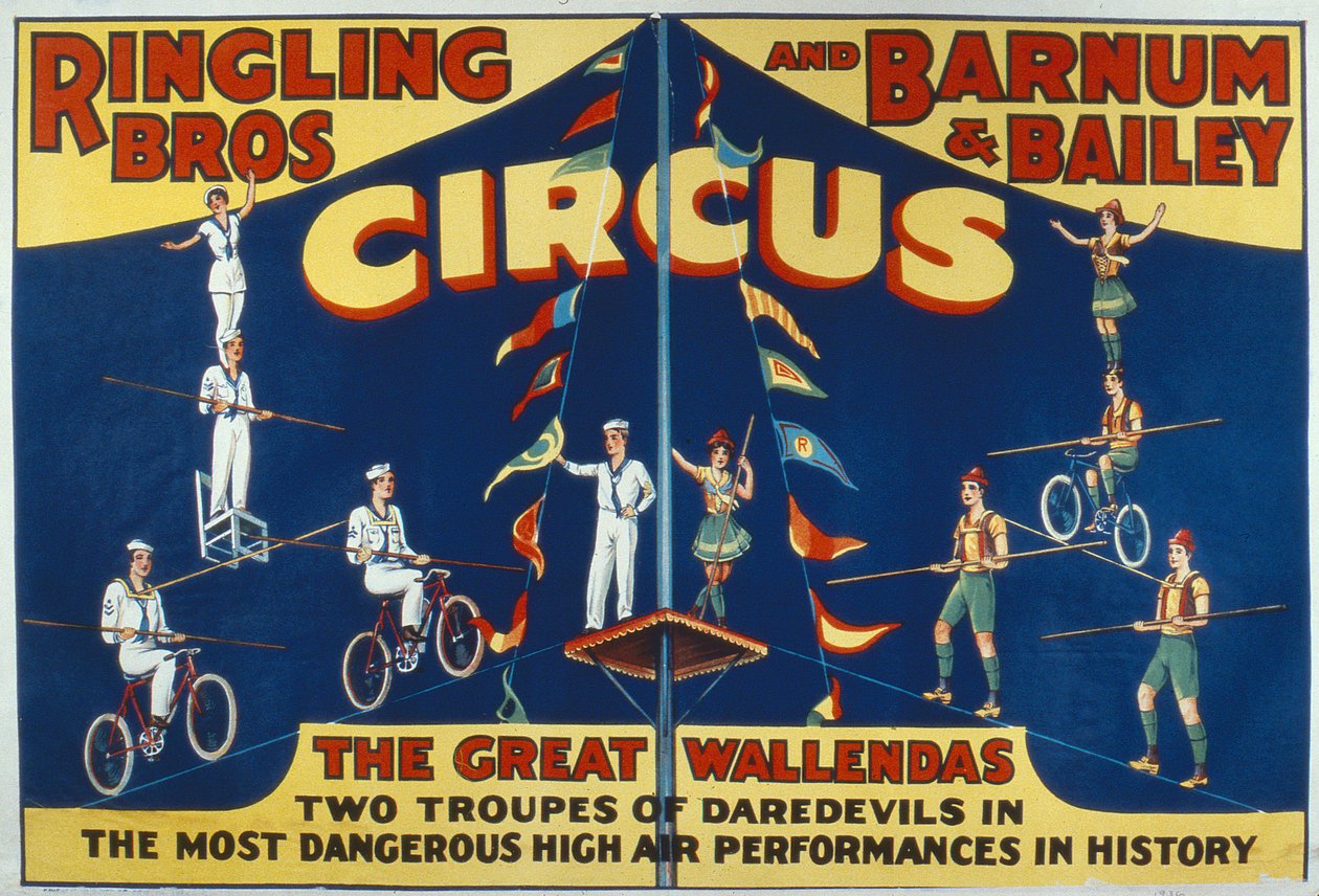 Plakat som reklamerer for Great Wallendas på 'Ringling Bros. and Barnum & Bailey Circus' (lito i farge) av American School