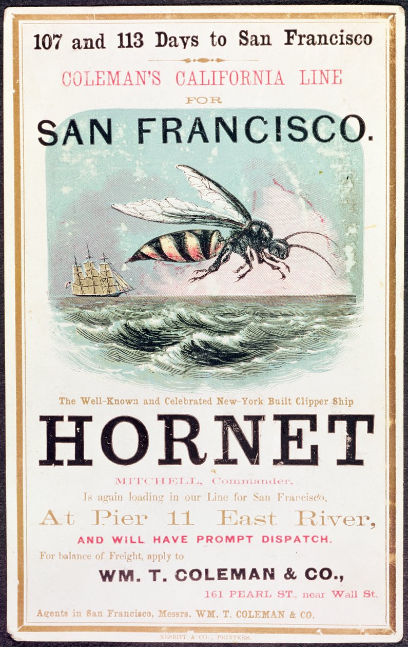 Plakat som reklamerer for «Hornet»-klippeskipet fra New York til San Francisco av American School