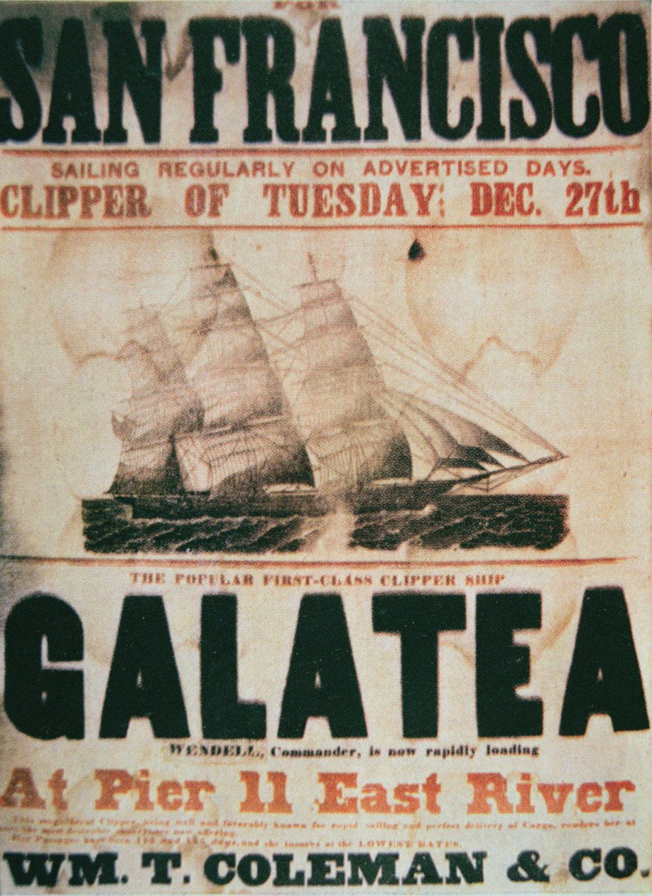 Plakat som reklamerer for ruten New York til San Francisco til klippeskipet 'Galatea', ca. 1855 (litho i farge) av American School
