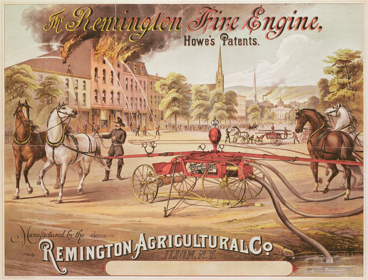 Plakat som reklamerer for Remington Fire Engine produsert av Remington Agricultural Company, ca. 1890 av American School