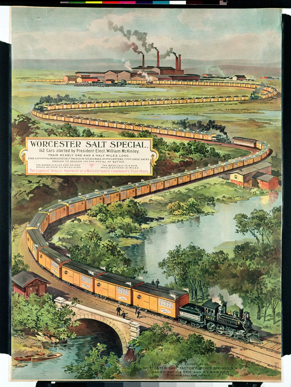 Plakat som annonserer Worcester Salt Special, 162 biler startet av president-elect McKinley, 1897 av American School