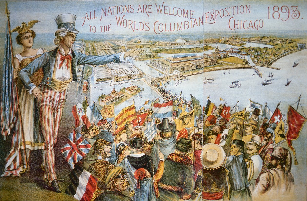 Plakat som reklamerer for verdens colombianske utstilling, Chicago 1893 (litho i farger) av American School