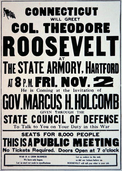 Plakat som annonserer et møte for tilhengere av USAs inntreden i WWI av American School