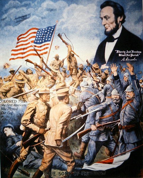 Plakat som feirer afroamerikanske soldaters heltemot under første verdenskrig (litho-farge) av American School