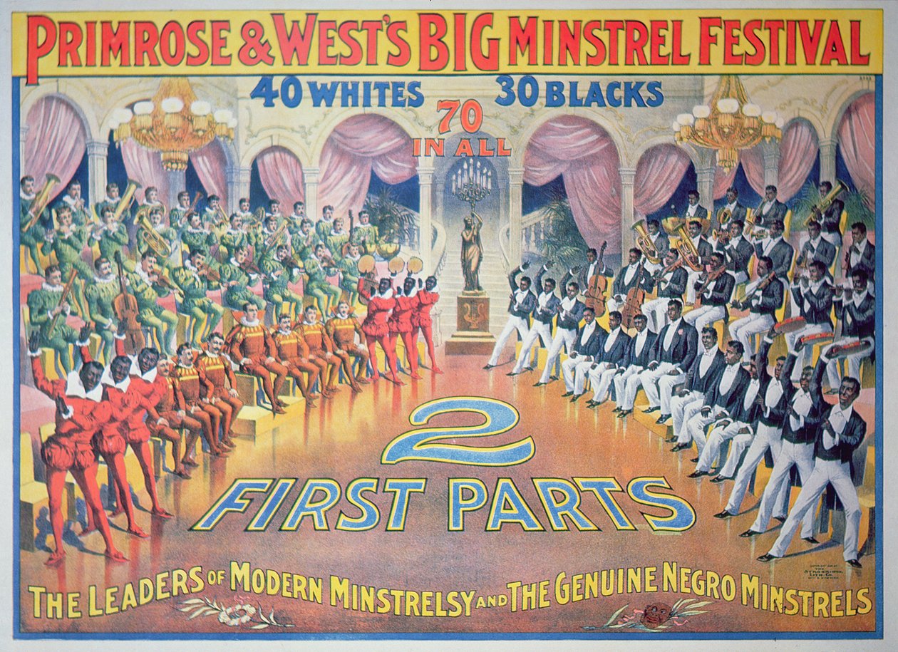 Plakat med 'Primrose & West's Big Minstrel Festival, ca. 1880 (farge litho) av American School