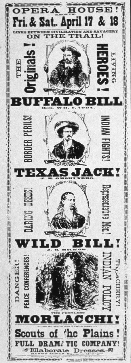 Plakat for skuespillet 'Scouts of the Plains', med Buffalo Bill (1846-1917), Texas Jack (1846-79) og Wild Bill Hickok (1837-76) 1873 (trykk) i hovedrollen av American School