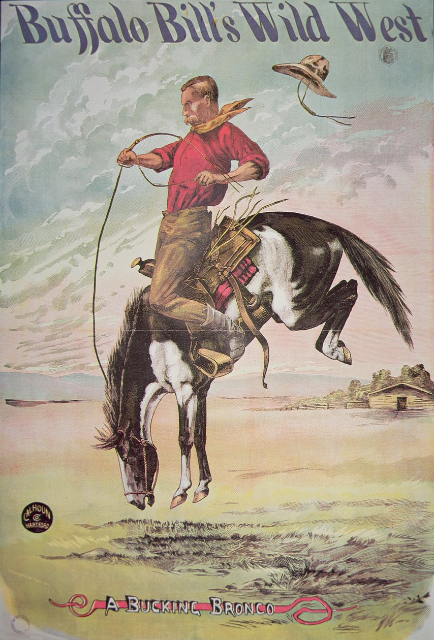 Plakat av en bucking bronco, for Buffalo Bills (1846-1917) Wild West Show, ca. 1885 (farge litho) av American School