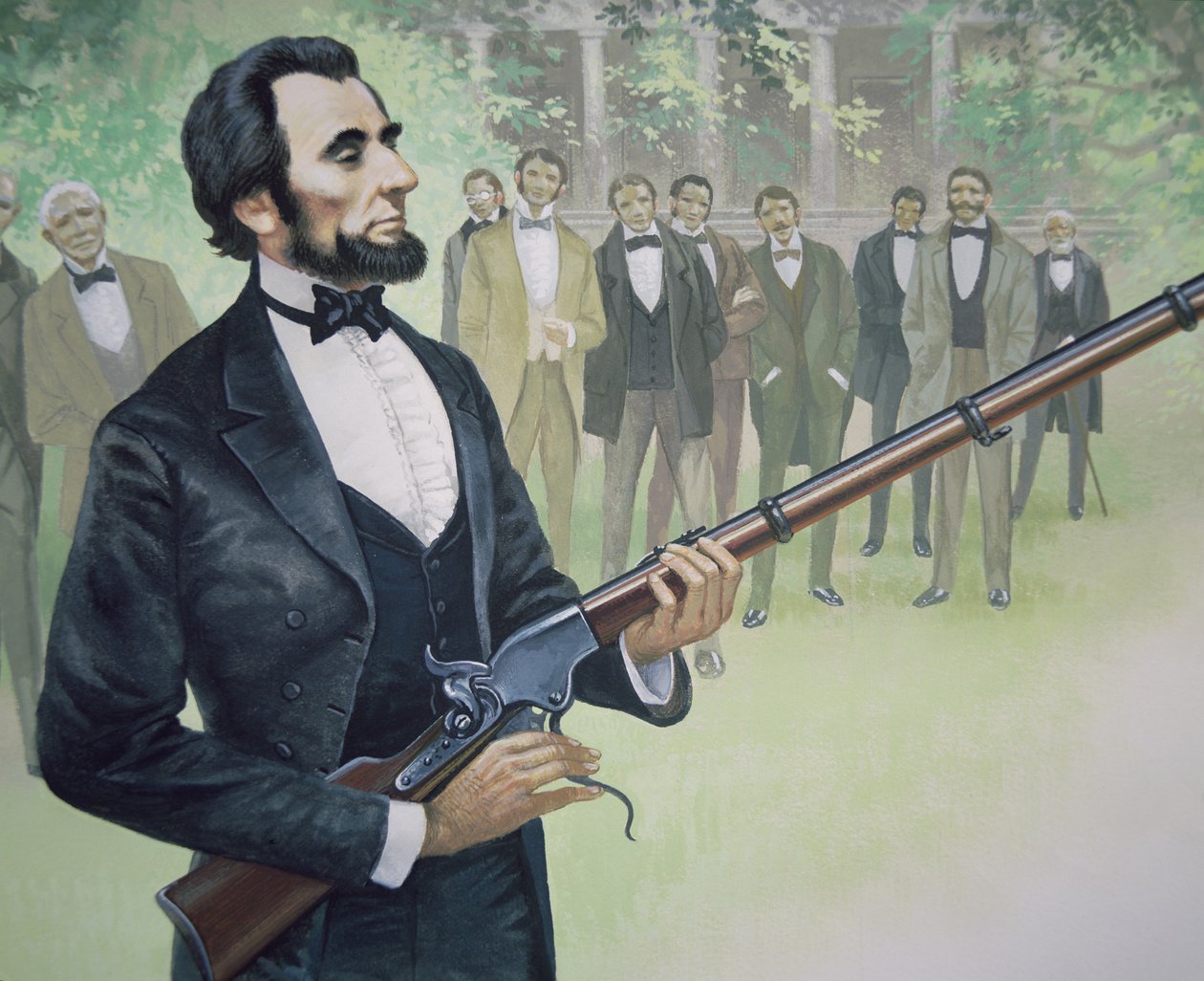 President Abraham Lincoln prøveskyter Spencers syvskudds repeterrifle i august 1863 (farge litho) av American School