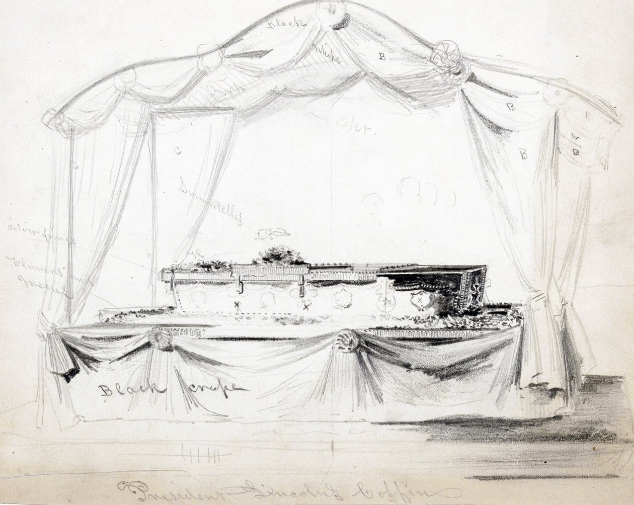 President Abraham Lincolns kiste ligger i staten i Det hvite hus, Washington D.C., april 1865 (blyant, blekk og vask på papir) av American School