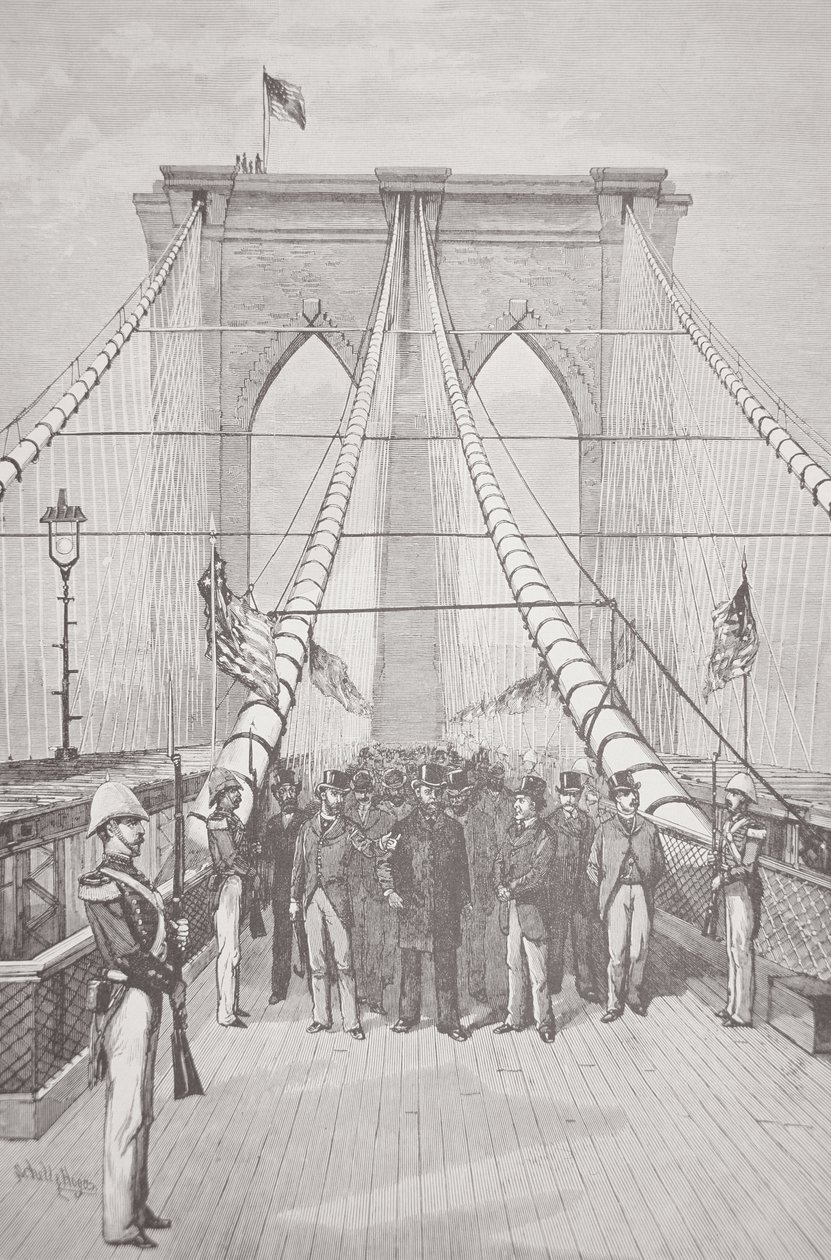 President Chester A. Arthur ved åpningsseremonien til den nye Brooklyn Bridge, 24. mai 1883 (litho) av American School