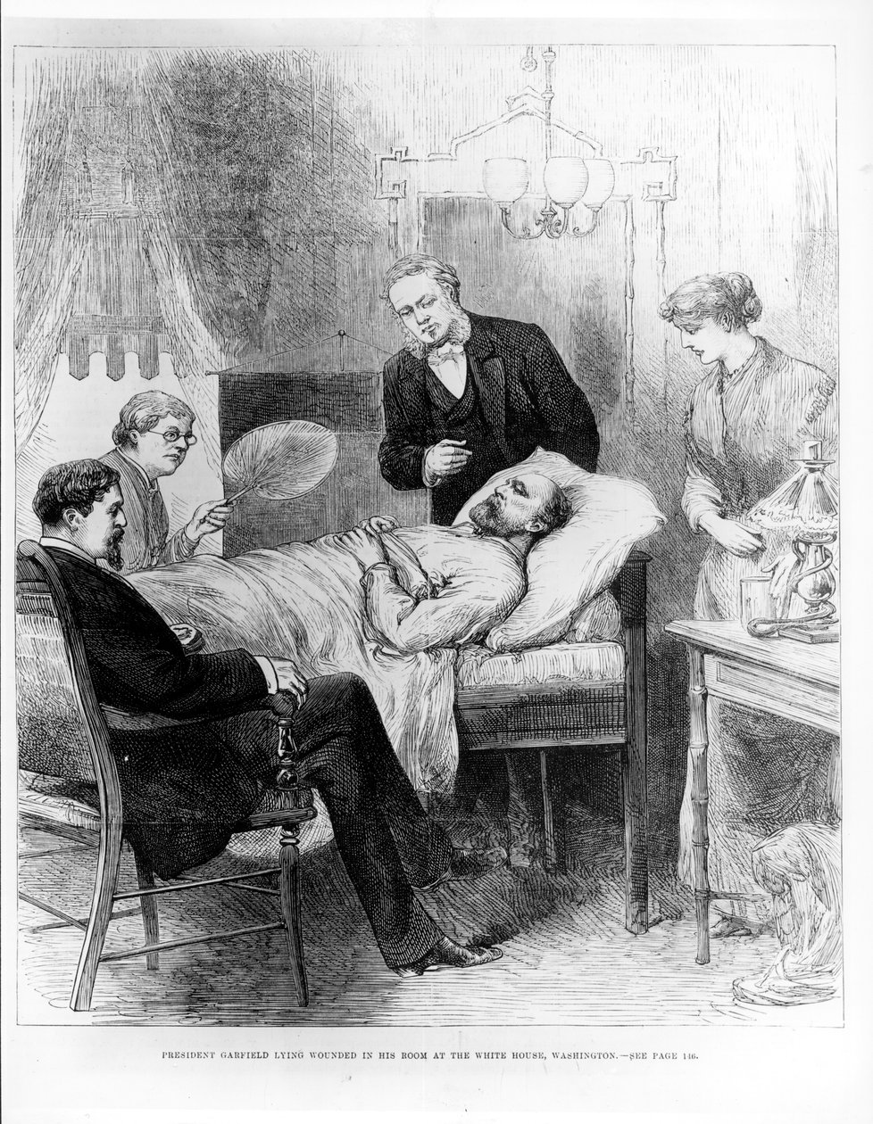 President Garfield ligger såret på rommet sitt i Det hvite hus, Washington av American School