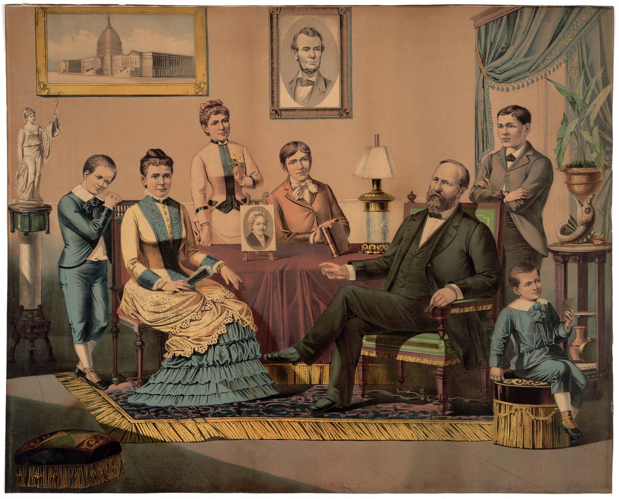 President Garfield og familie, pub. 1882 av American School