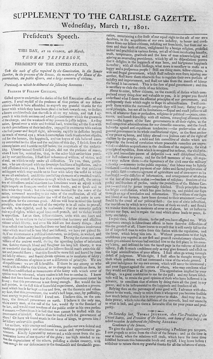 President Jeffersons åpningstale, Supplement til Carlisle Gazette, 11. mars 1801 av American School