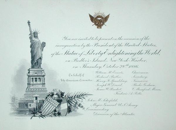 Presidentinvitasjon til innvielsen av Frihetsgudinnen, torsdag 28. oktober 1886 (gravering) av American School