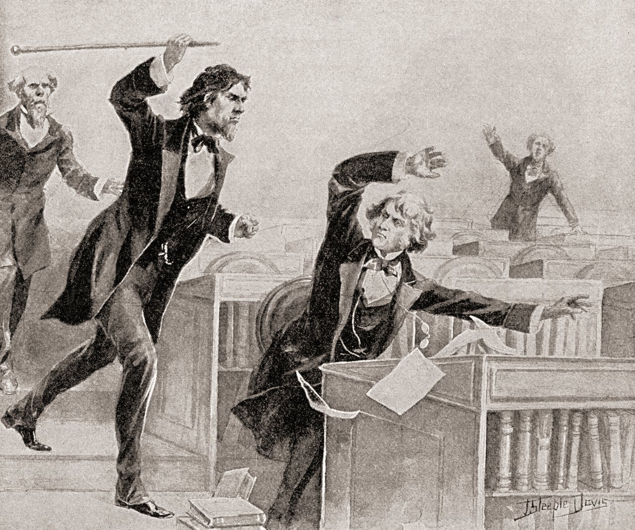 Preston Smith Brooks, en ivrig talsmann for slaveri, angrep senator Charles Sumner, en avskaffelsesmann, med en stokk på gulvet i USAs senat, 22. mai av American School