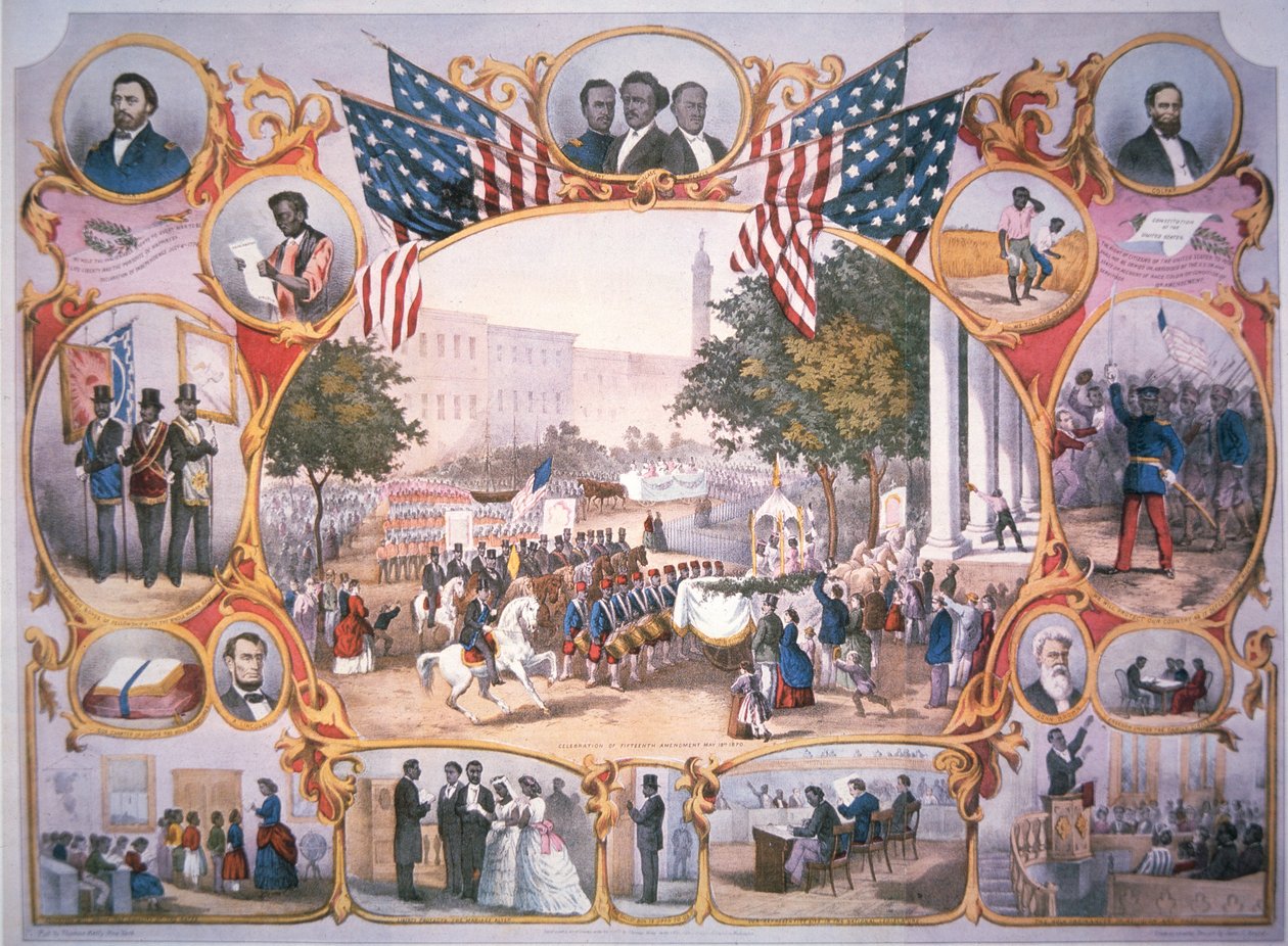 Trykk til minne om "The 15th Amendment" som gir stemmerett til alle statsborgere i USA 19. mai av American School