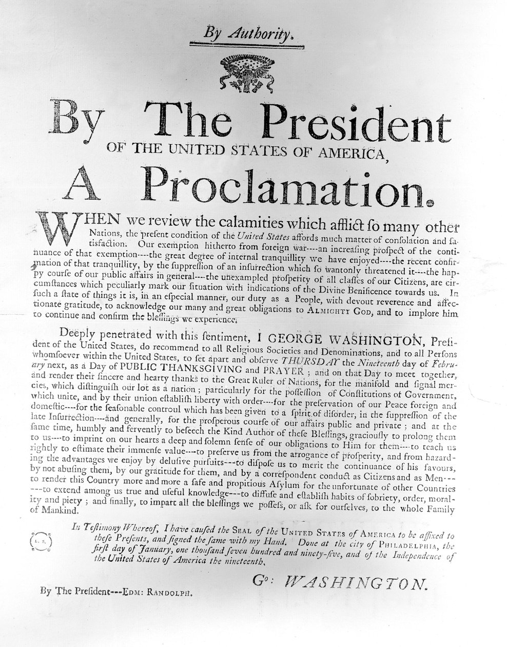 Erklæring fra president George Washington (1732-99) som skiller ut torsdag 19. februar som en dag med offentlig takke- og bønn, 1795 (avispapir) av American School