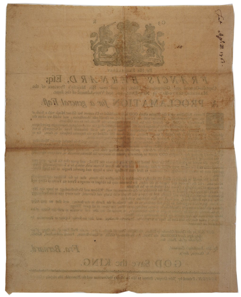 Erklæring i navnet til Francis Bernard, guvernør i Massachusetts Bay: kunngjør en fastedag under den franske og indiske krigen, 8. april, 1761 av American School