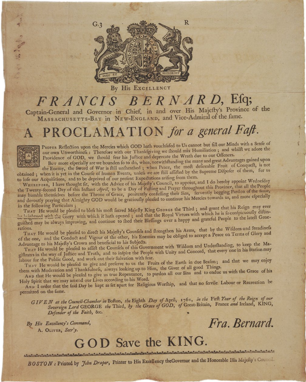 Erklæring i navnet til Francis Bernard, guvernør i Massachusetts Bay: kunngjør en fastedag under den franske og indiske krigen, 8. april, 1761 av American School
