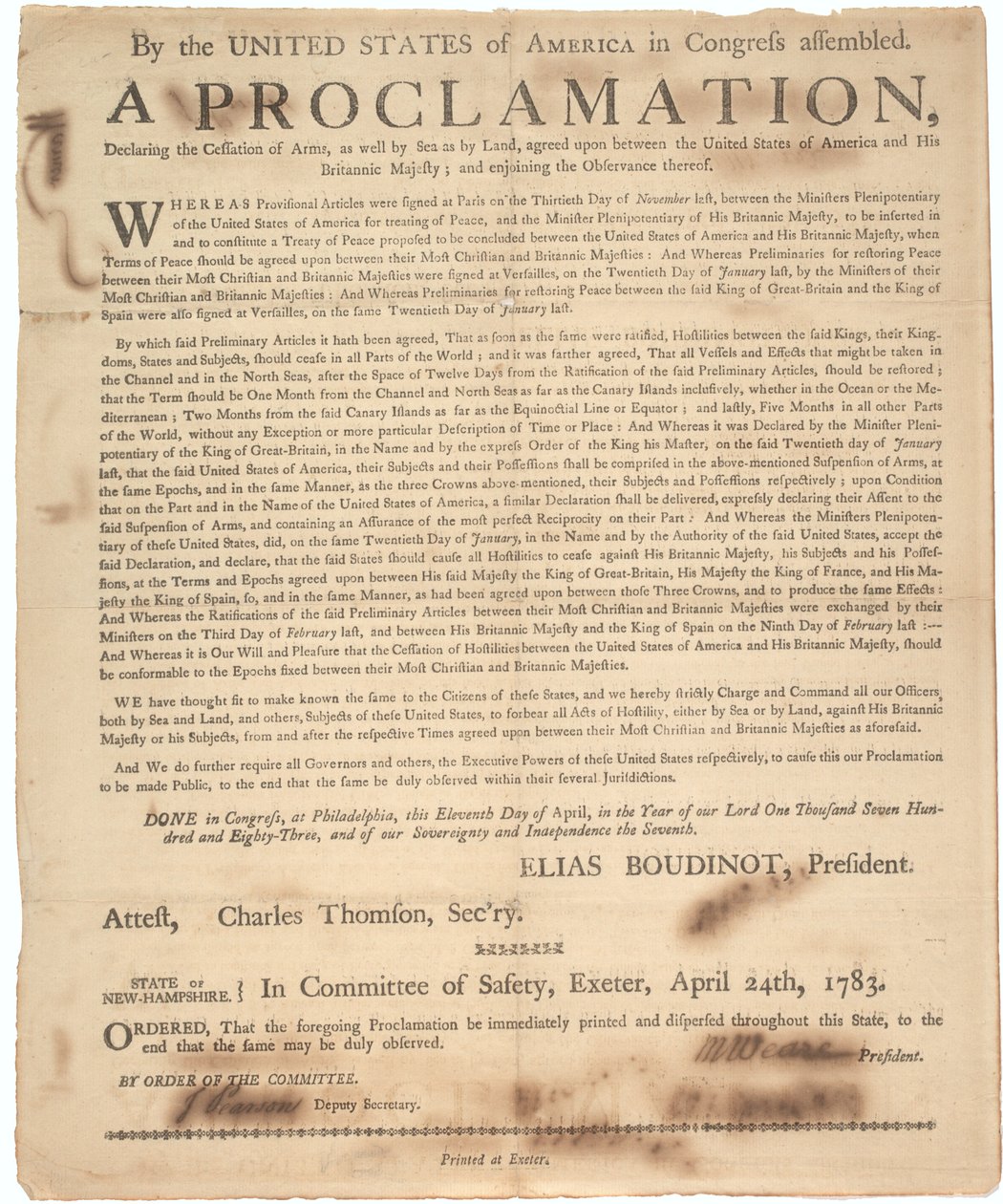 Erklæring fra kongressen som erklærer opphør av våpen og slutt på krigen, 24. april 1783 av American School