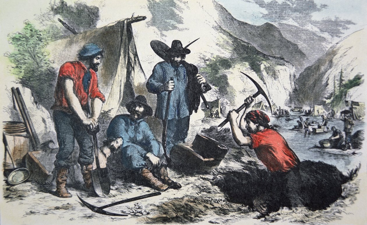 Prospektører under California Gold Rush i 1849 (farge litho) av American School