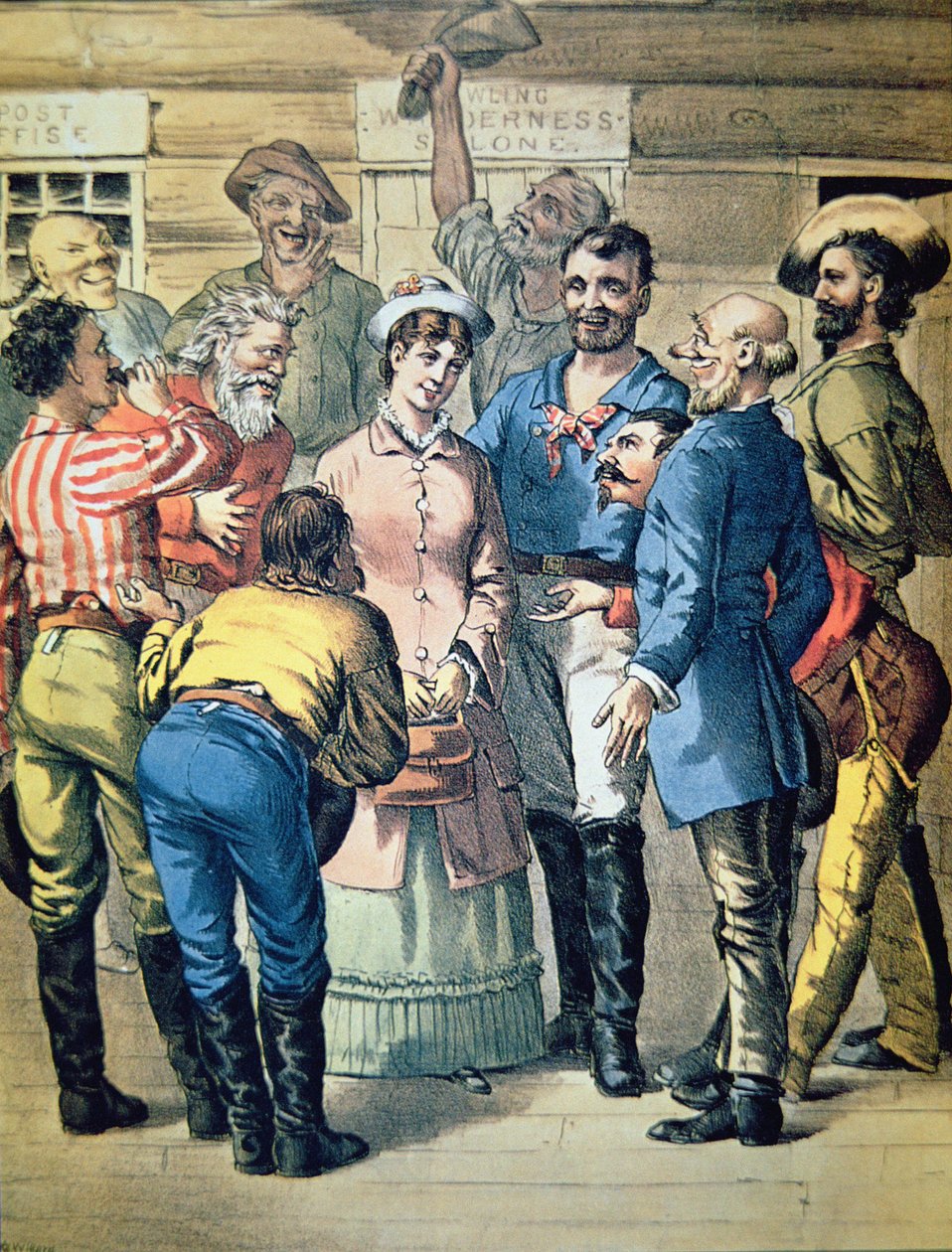 Prospektører samles rundt en kvinne i en gullleir (farge litho) av American School