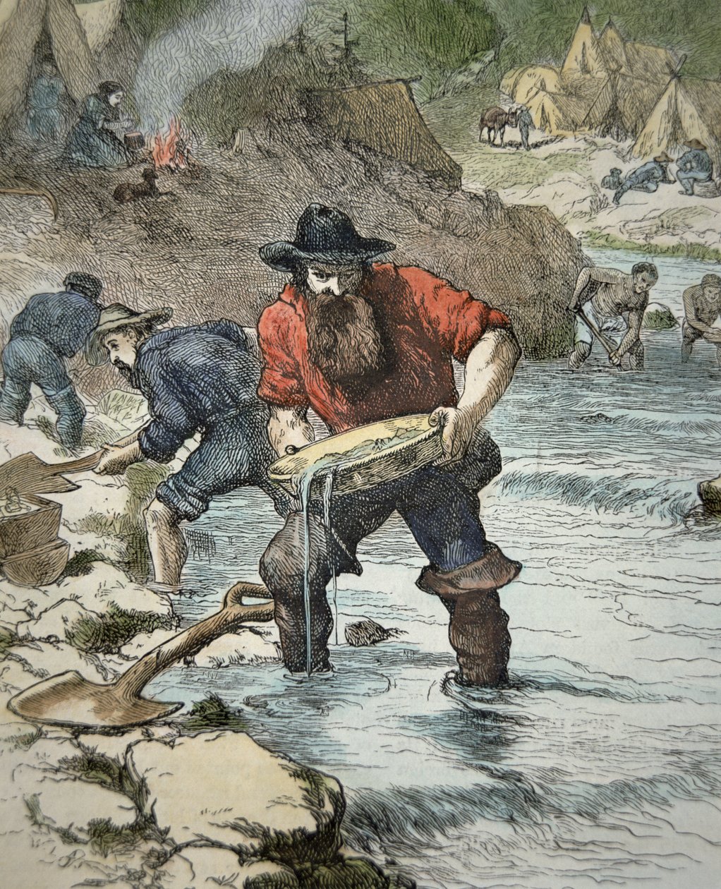Prospektører som panorerer etter gull under Californian Gold Rush i 1849 (farget gravering) av American School