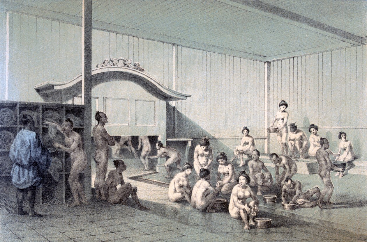 Offentlig bad i Simoda, 1856 (farget akvatint) av American School