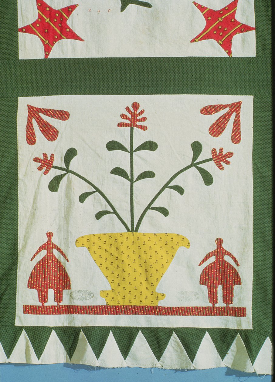 Dynedetalj som viser figurer og blomster (bomull) av American School