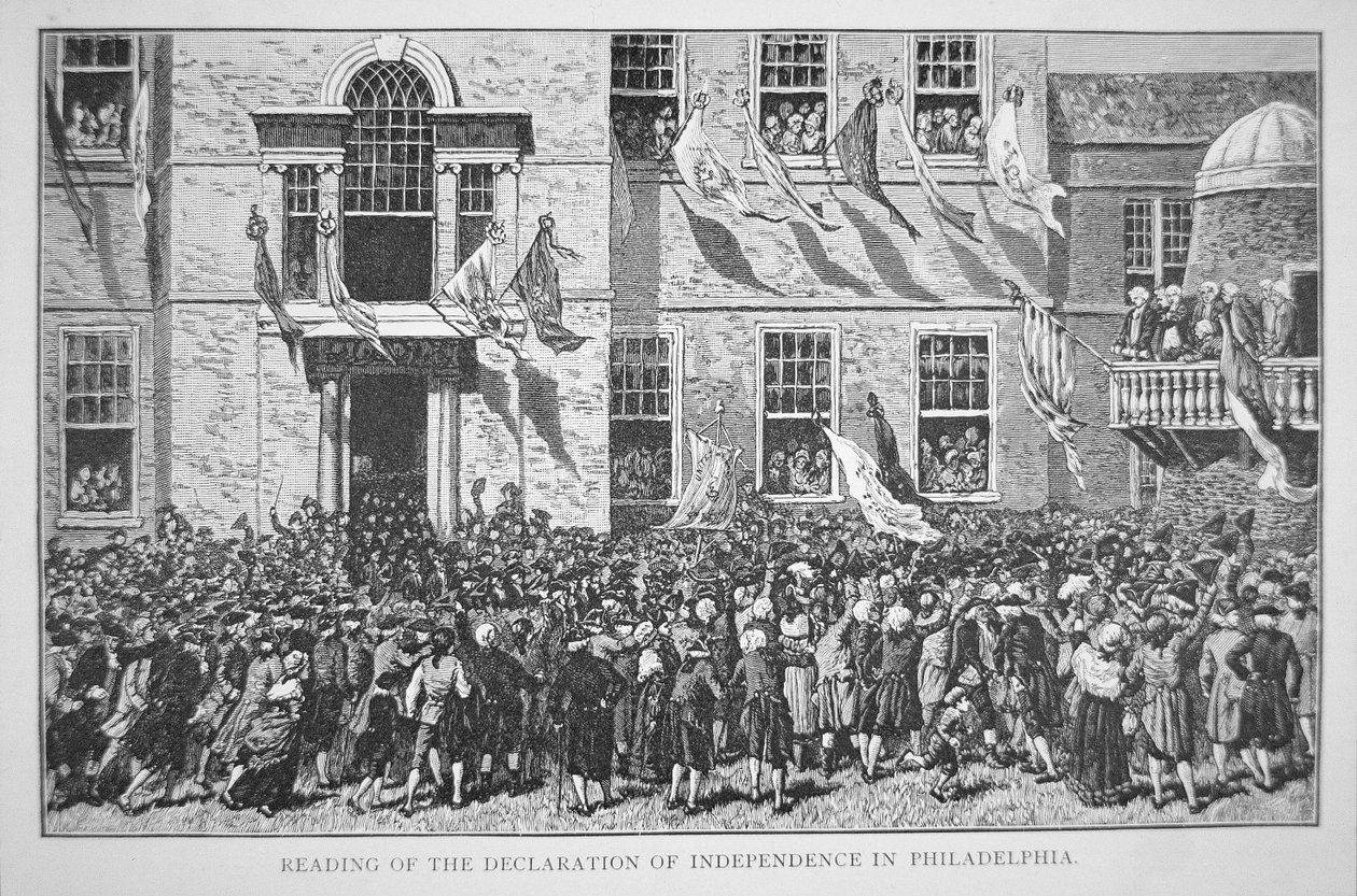 Leser uavhengighetserklæringen til innbyggerne i Philadelphia, 8. juli 1776 (litho) av American School