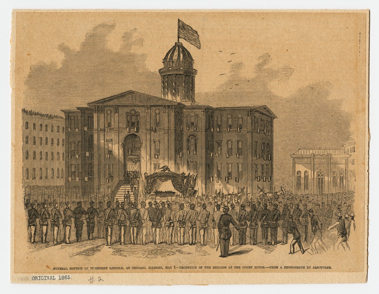 Mottakelse ved tinghuset under Abraham Lincolns begravelse, Chicago, Illinois av American School