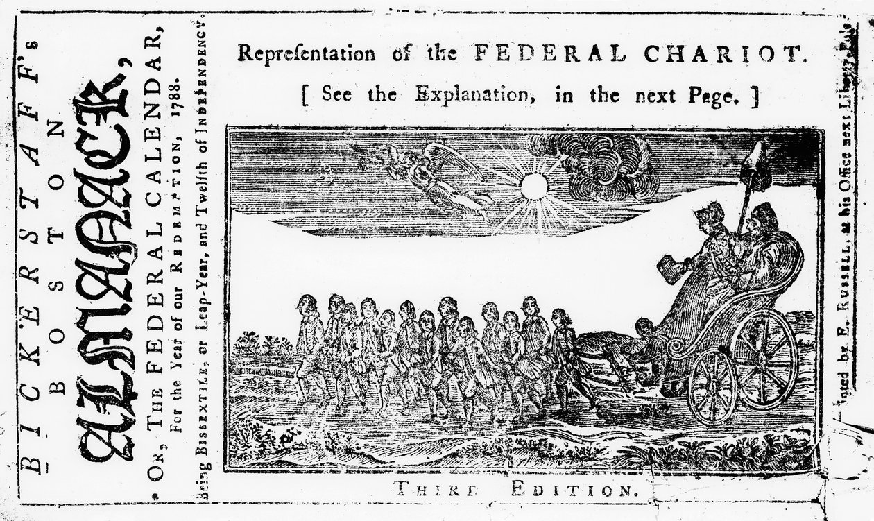 Representation of the Federal Chariot, omslagsillustrasjon fra Bickerstaffs Boston Almanack, publisert 1788 av American School