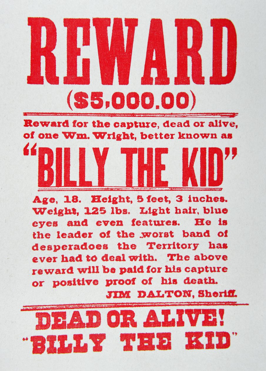 Belønningsplakat for Billy the Kid (1859–81) (litho) av American School
