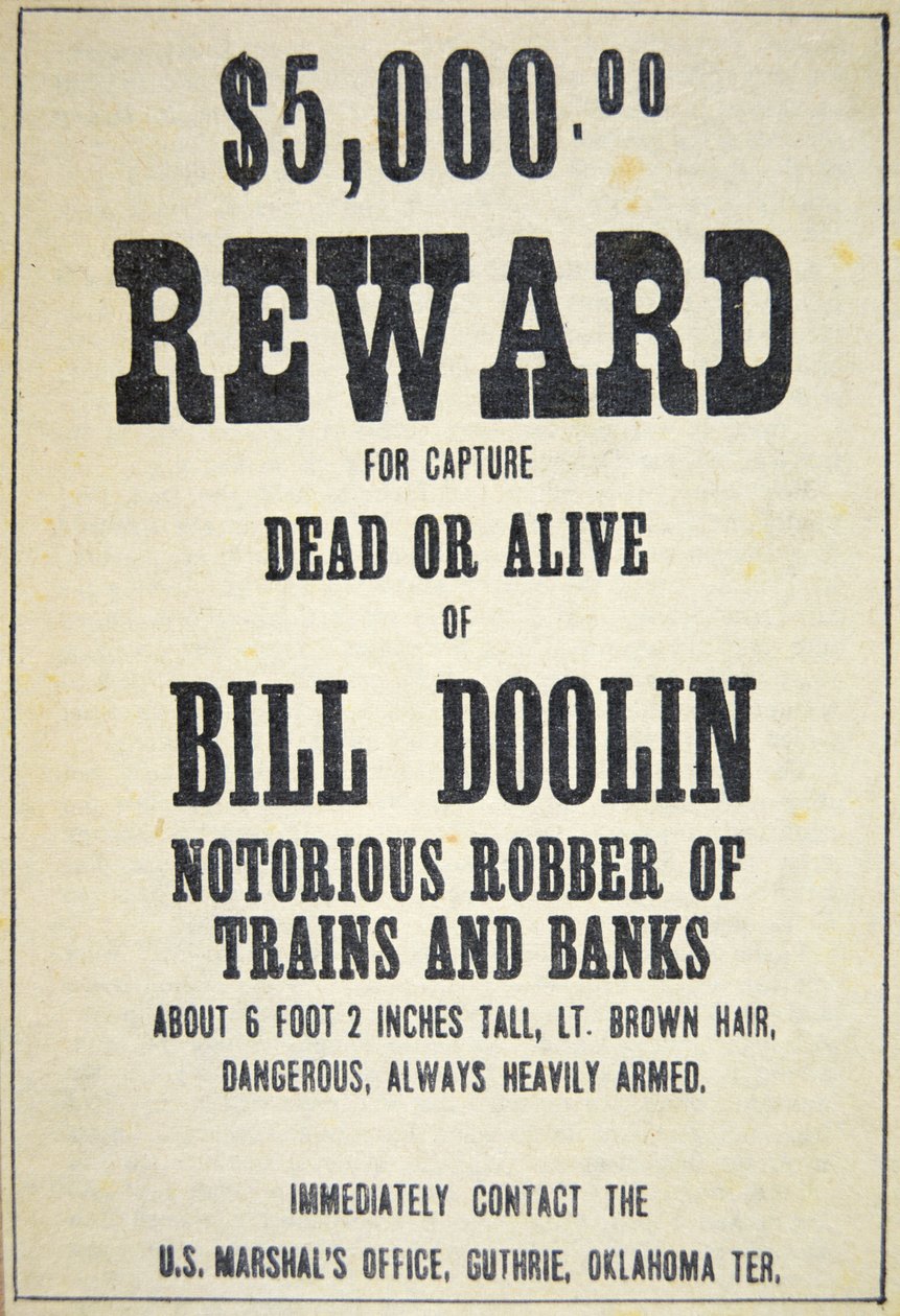 Belønningsplakat for Bill Doolin (1858-96) (litho) av American School