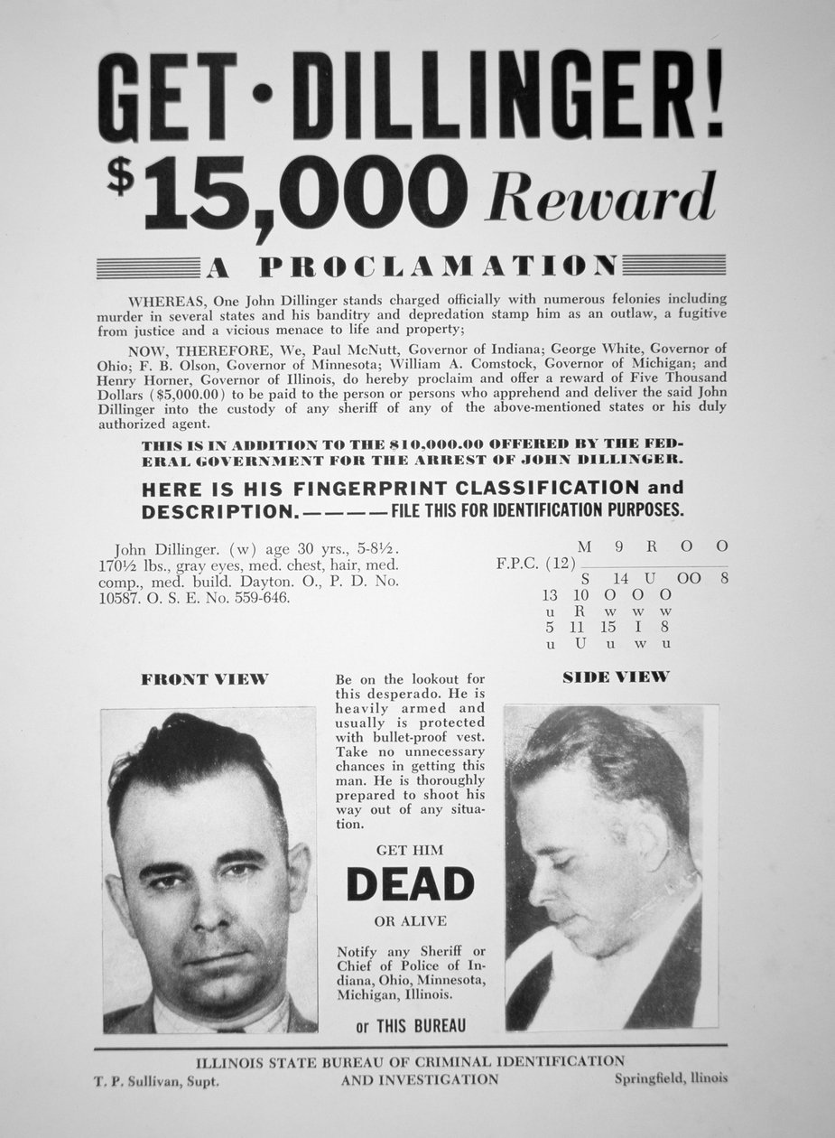 Belønningsplakat for John Dillinger av American School