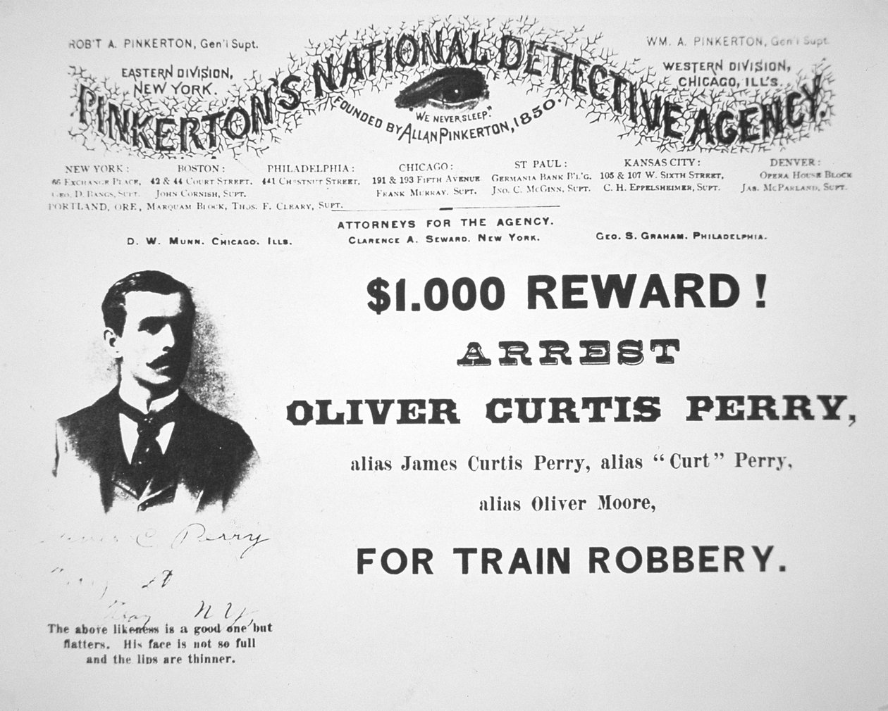 Belønningsplakat for arrestasjonen av Oliver Perry utstedt av Pinkertons National Detective Agency av American School
