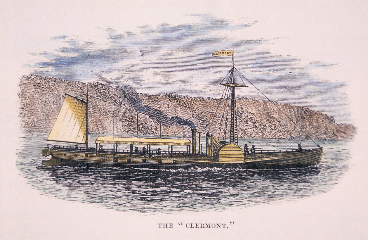 Robert Fultons (1765-1815) 'Clermont' dampskip, på Hudson River, New York av American School