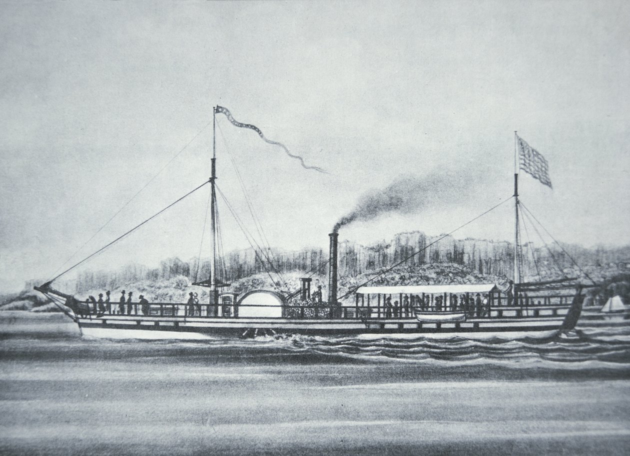 Robert Fultons dampbåt "Clermont", ved Hudson River, New York av American School