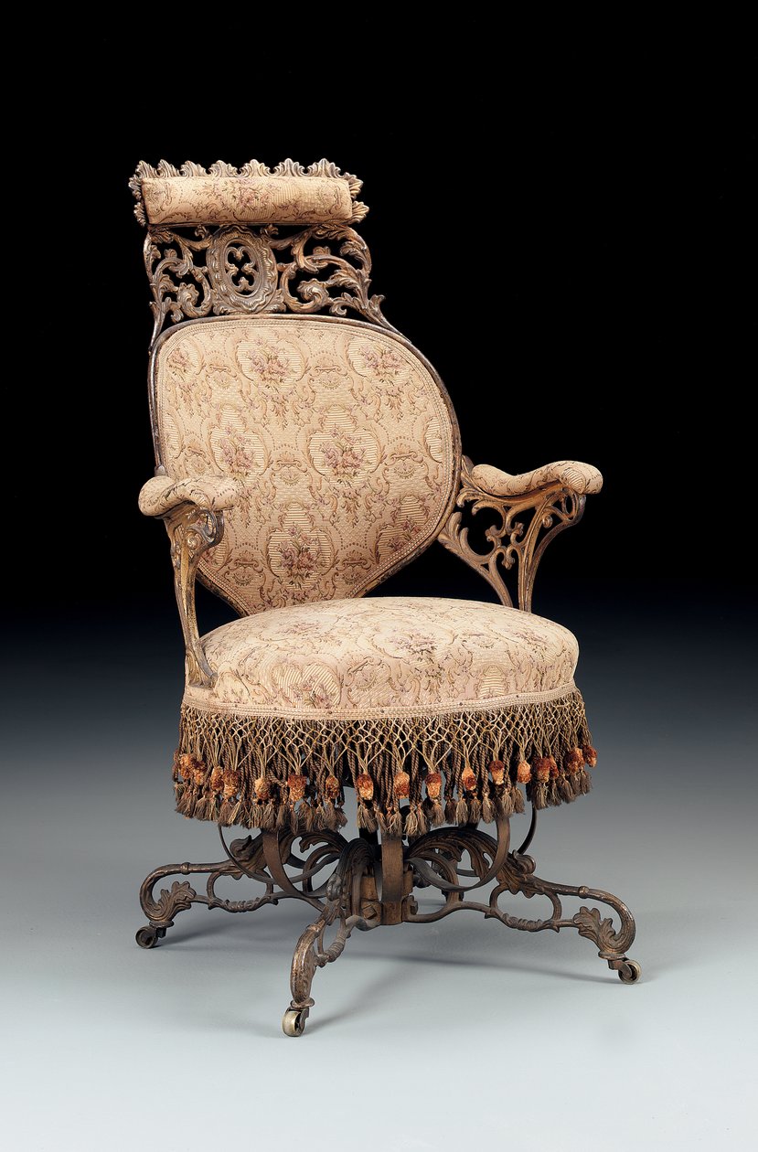 Rococo Revival malt og forgylt sentripetal lenestol i støpejern, produsert av American Chair Company, New York, ca. 1850 av American School