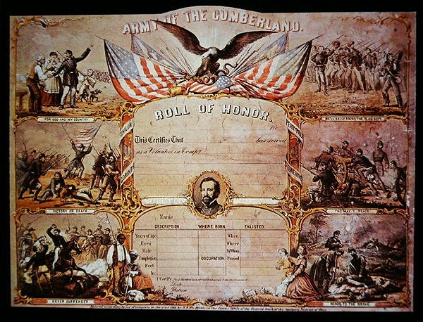 Roll of Honor-sertifikat utstedt til menn som tjenestegjorde i Federal Army of the Cumberland av American School