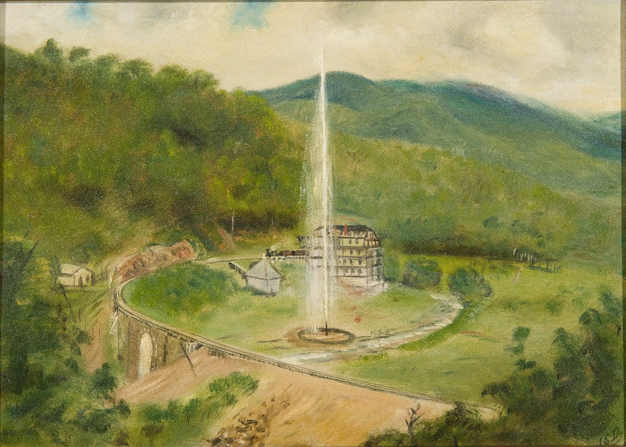Round Knob Inn and the Fountain, ca. 1882 (olje om bord) av American School