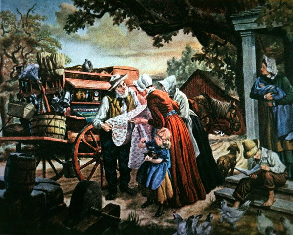 Rural America på 1800-tallet: den reisende selgeren av husholdningsvarer (farge litho) av American School