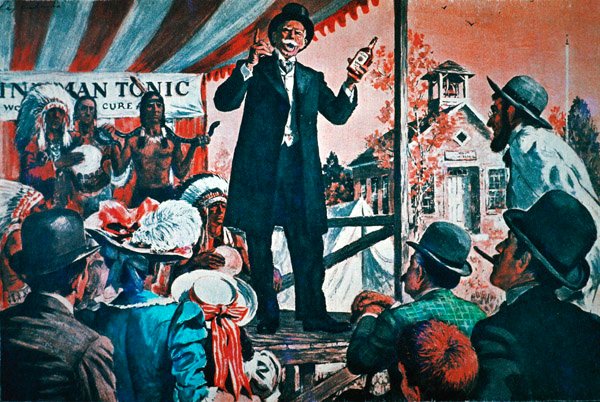 Rural America: reisende selger av "cure-all" tonic (farge litho) av American School