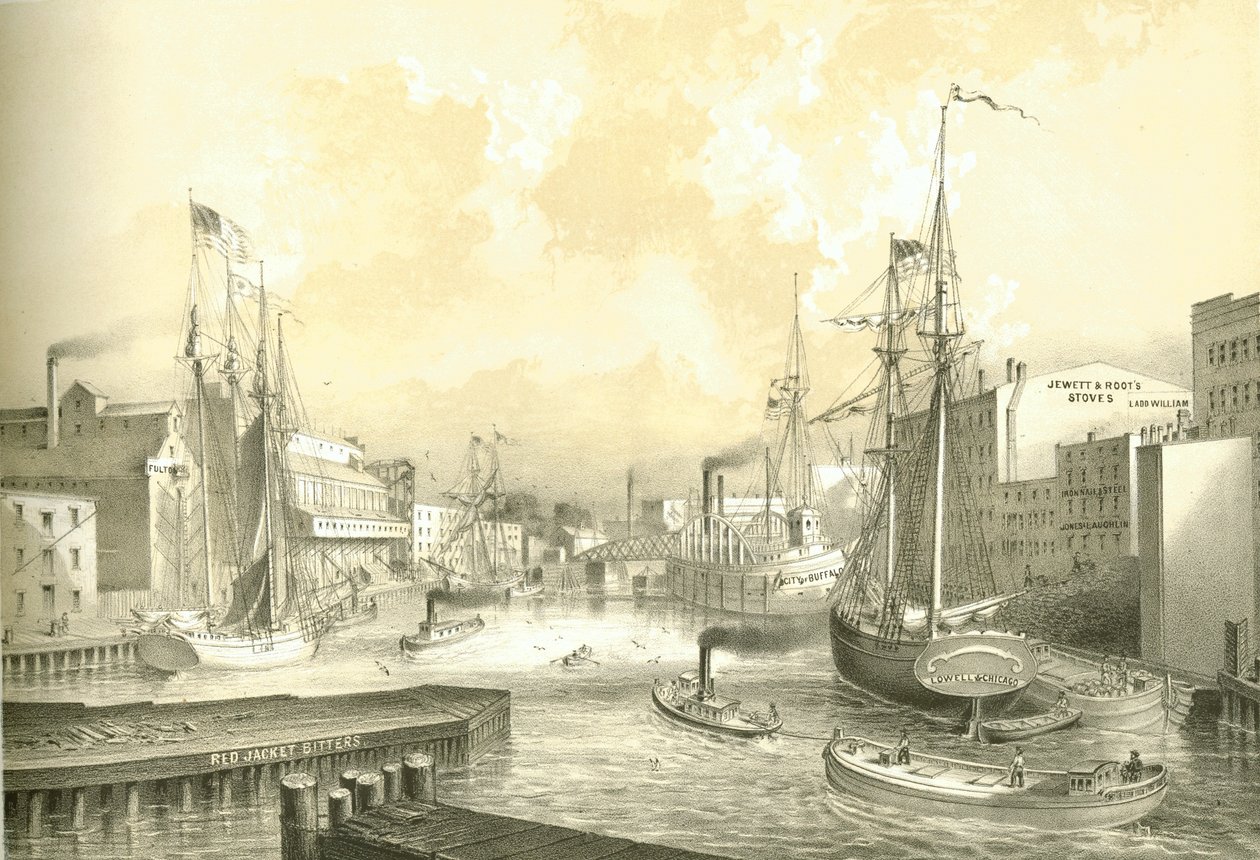 Rush Street Bridge, View from State Street, fra Chicago Illustrated, med litterære beskrivelser av James W. Sheahan, utgitt av Jevne & Almini, Chicago, 1866-67 av American School