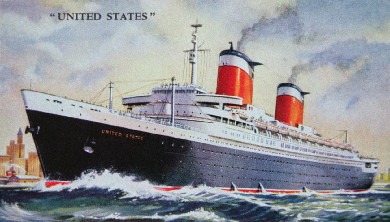 SS United States Maiden Voyage i 1952 (farge litho) av American School