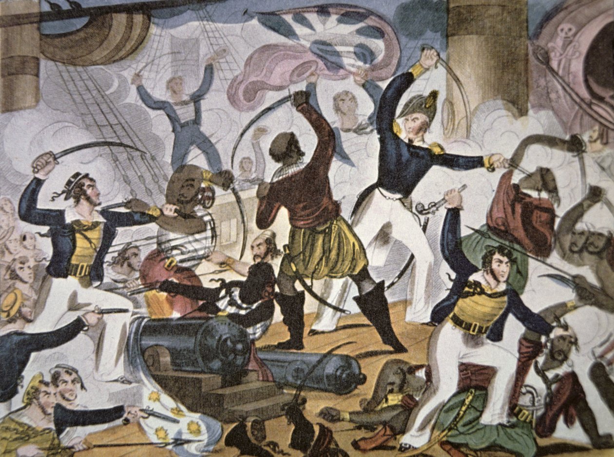 Sjømenn fra Royal Navy går ombord i Algerine piratfartøy, ca. 1820 (farge litho) av American School