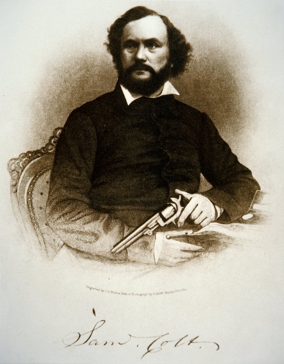 Samuel Colt holder en av sine perkusjonsrevolvere (gravering) av American School