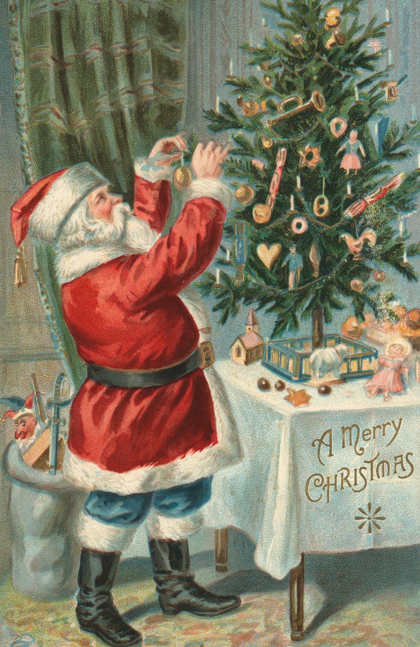 Julenissen pynter et juletre av American School